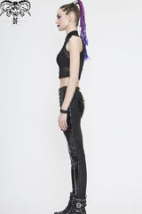 Black Stand Up Collar Sleeveless Flocked Printed Mesh Metal Women's Punk Vest - Product - 10