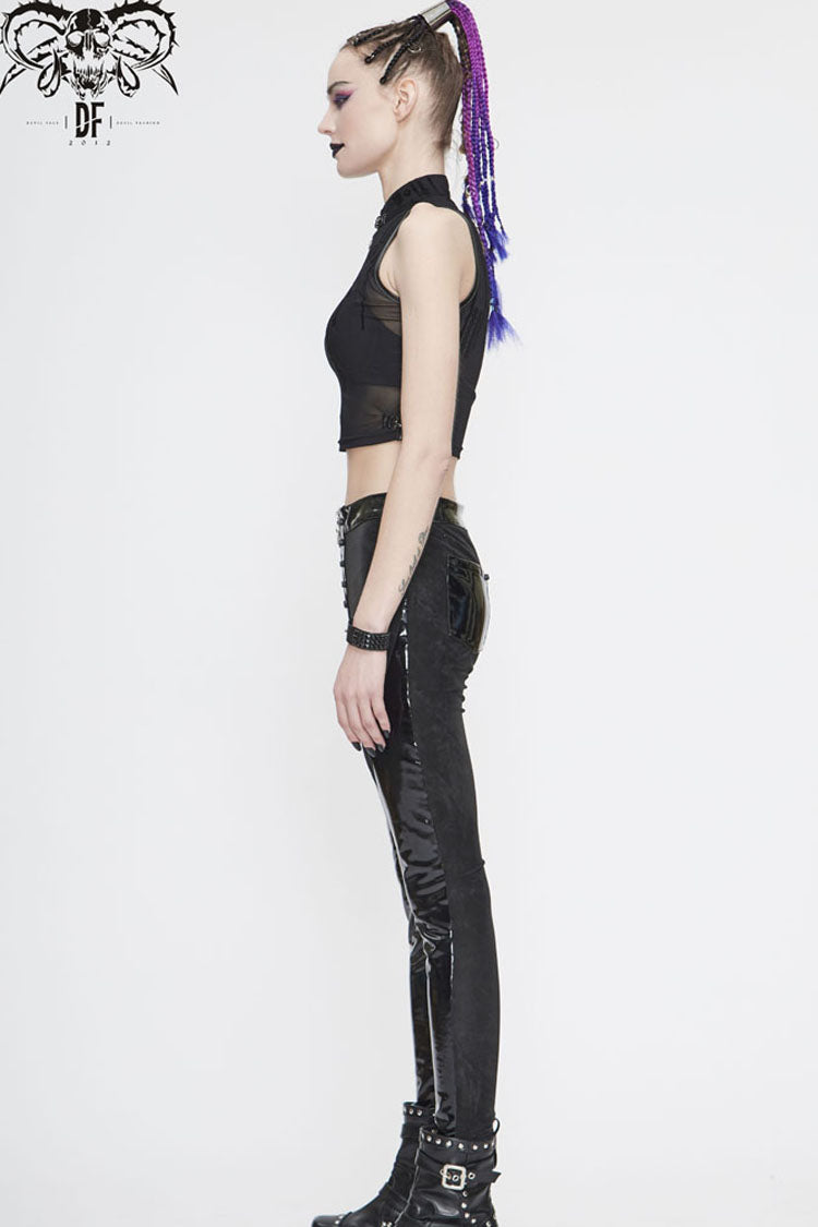 Black Stand Up Collar Sleeveless Flocked Printed Mesh Metal Women's Punk Vest - Product - 10