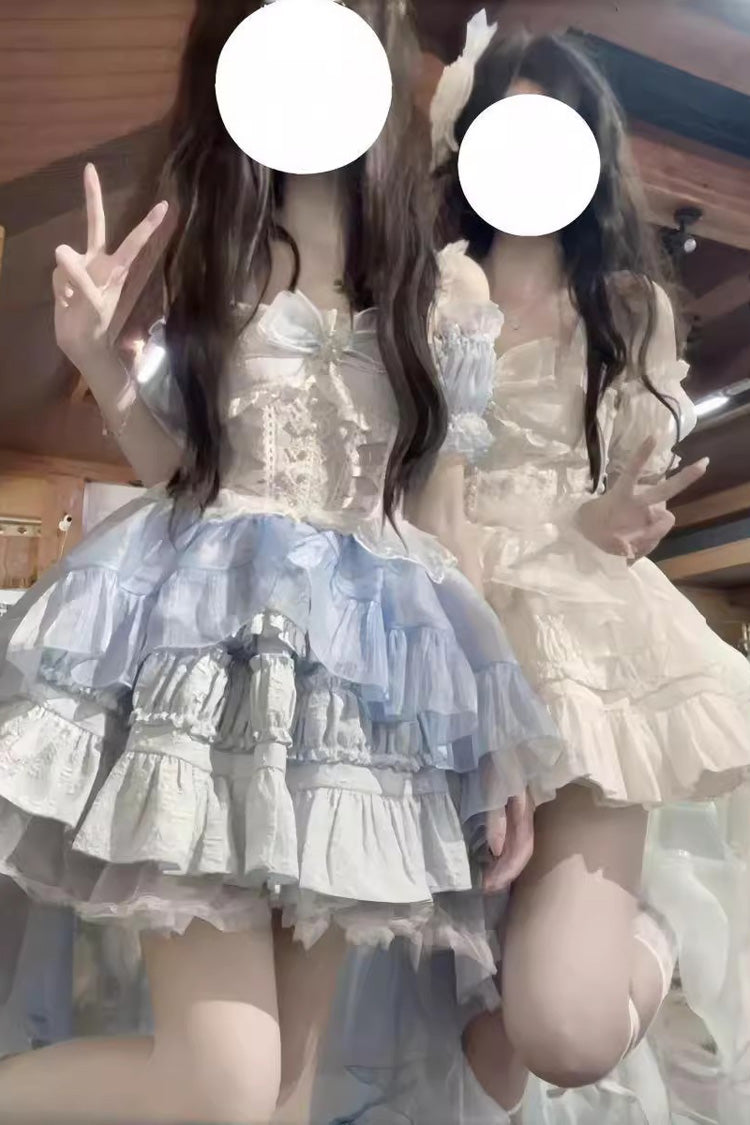 White Sleeveless Multi-layer Ruffle Bowknot Sweet Lolita Jsk Dress - Product - 7