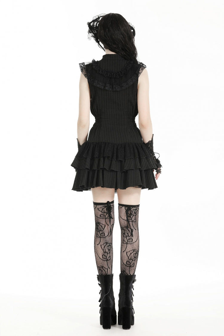 Black Lace Ruffled Stand Collar Bow Sleeveless Triple-Layered Hem Women's Gothic Dress - Product - 4