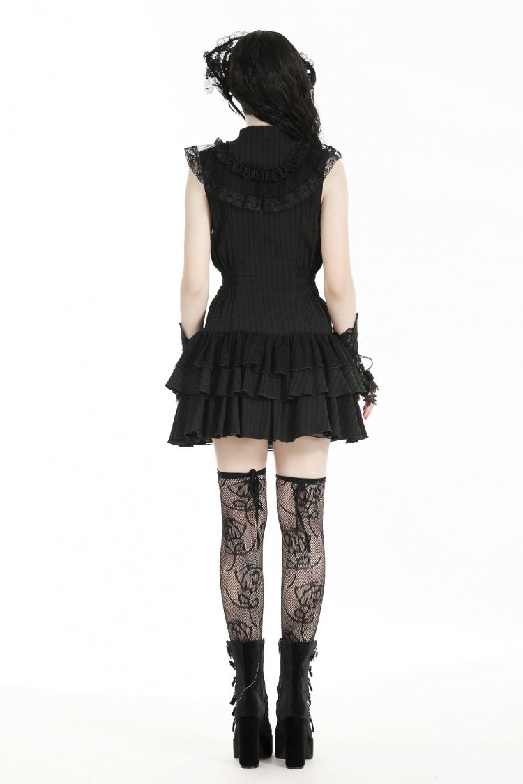 Black Lace Ruffled Stand Collar Bow Sleeveless Triple-Layered Hem Women's Gothic Dress - Product - 4