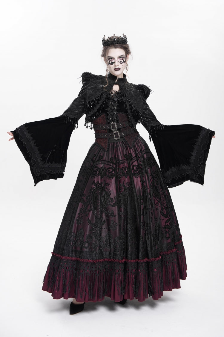 Black Long Sleeves Floral Embroidery Women's Gothic Beaded Frog Short Jacket - Product - 8