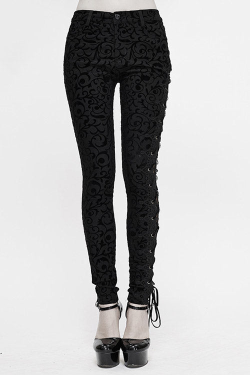 Black Gothic Flocking Patterned Laced Up Asymmetrical Side Womens Pants - Black - 1