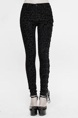 Black Gothic Flocking Patterned Laced Up Asymmetrical Side Womens Pants - Black - 1
