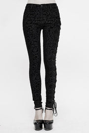 Black Gothic Flocking Patterned Laced Up Asymmetrical Side Womens Pants - Black - 1