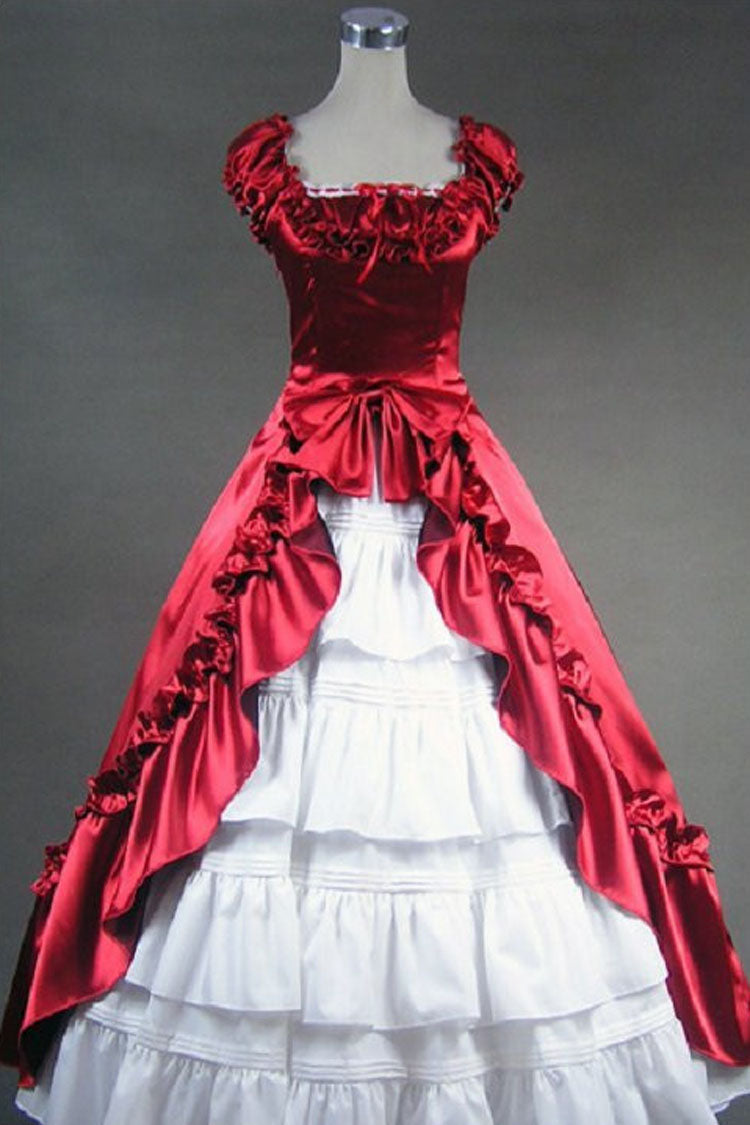 Red/White Cotton Square Collar Cap Sleeves Floor Length Pleats Bowknot Cardigan Victorian Gothic Lolita Dress - Red/White - 1