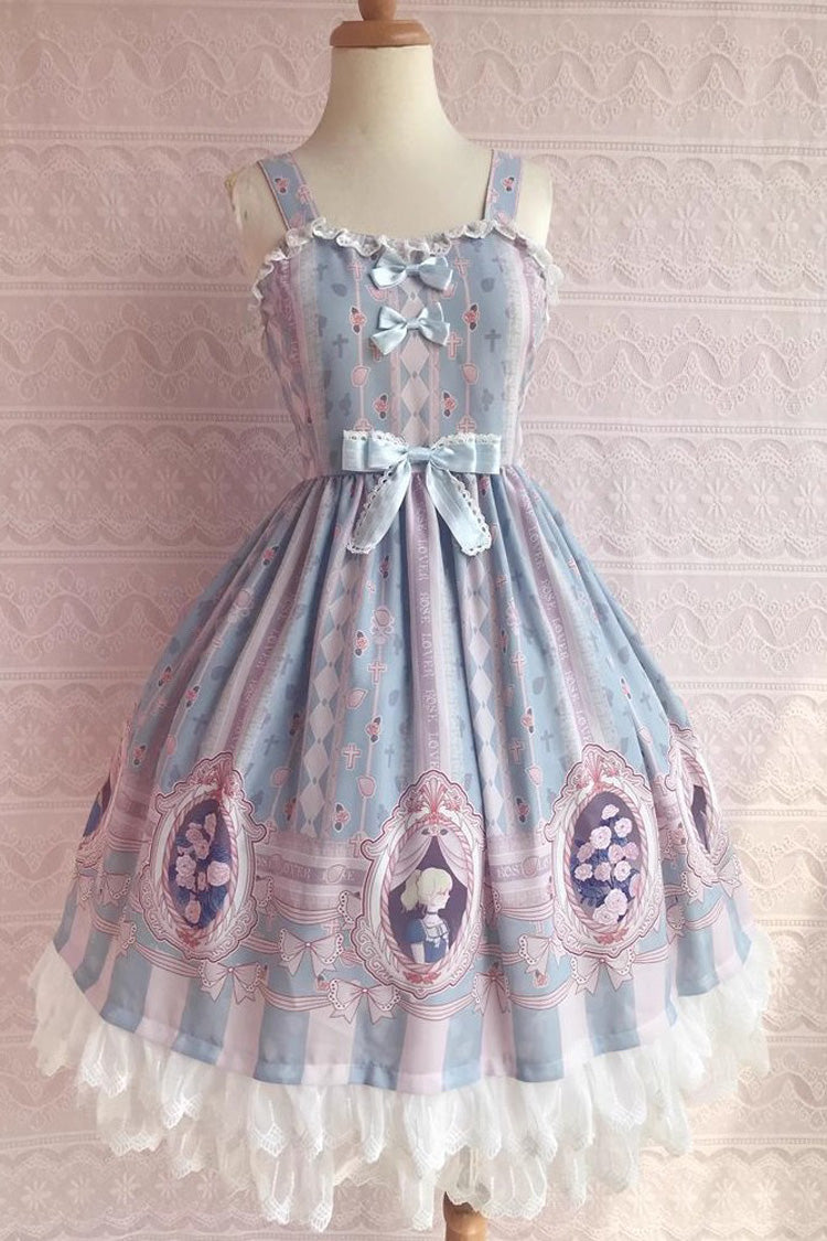 Double Layer Rose Lover's Dream Print Ruffle Bowknot Sweet Lolita Jsk Dress 3 Colors - Blue - 7