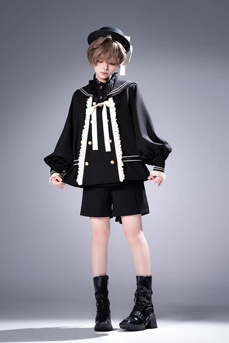Black [City of Mist] Navy Collar Long Sleeves Gothic College Style Prince Ouji Lolita Shorts Coat Set - Product - 14