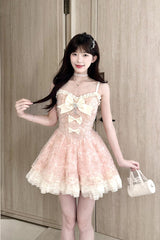 Pink Square Collar Sleeveless Multi-Layered Ruffled Embroidered Bow Pearl Detail Sweet Lolita Jsk Dress - Product - 2