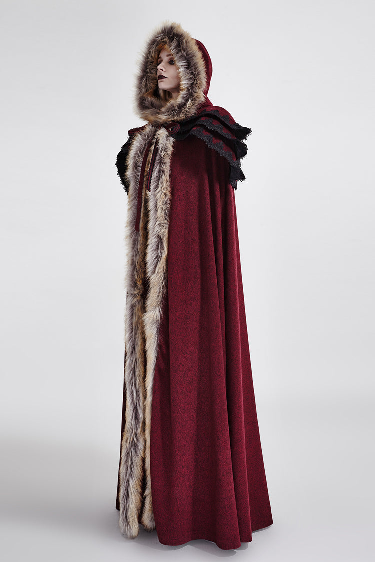 Red Hooded Fur Collar Wool Long Womens Gothic Coat Cloak - Product - 5