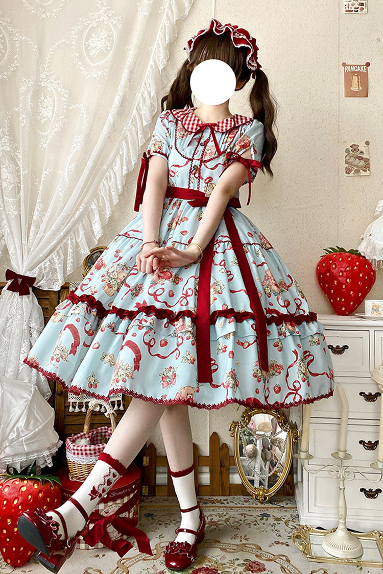 [Bear's Strawberry Garden] Lapel Collar Short Sleeves Print Bowknot Sweet Lolita Dress 4 Colors - Blue - 6