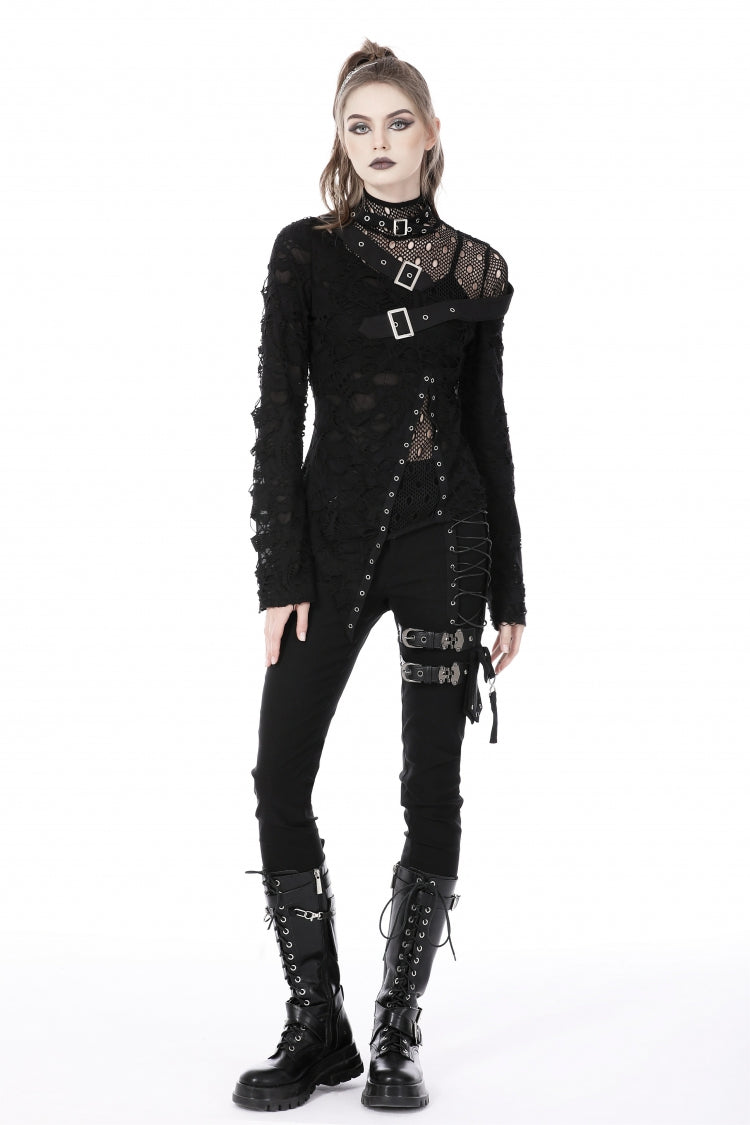 Black Women's Punk Long Sleeves Buckled Asymmetric Ripped Sheer Mesh Splice Top - Product - 6