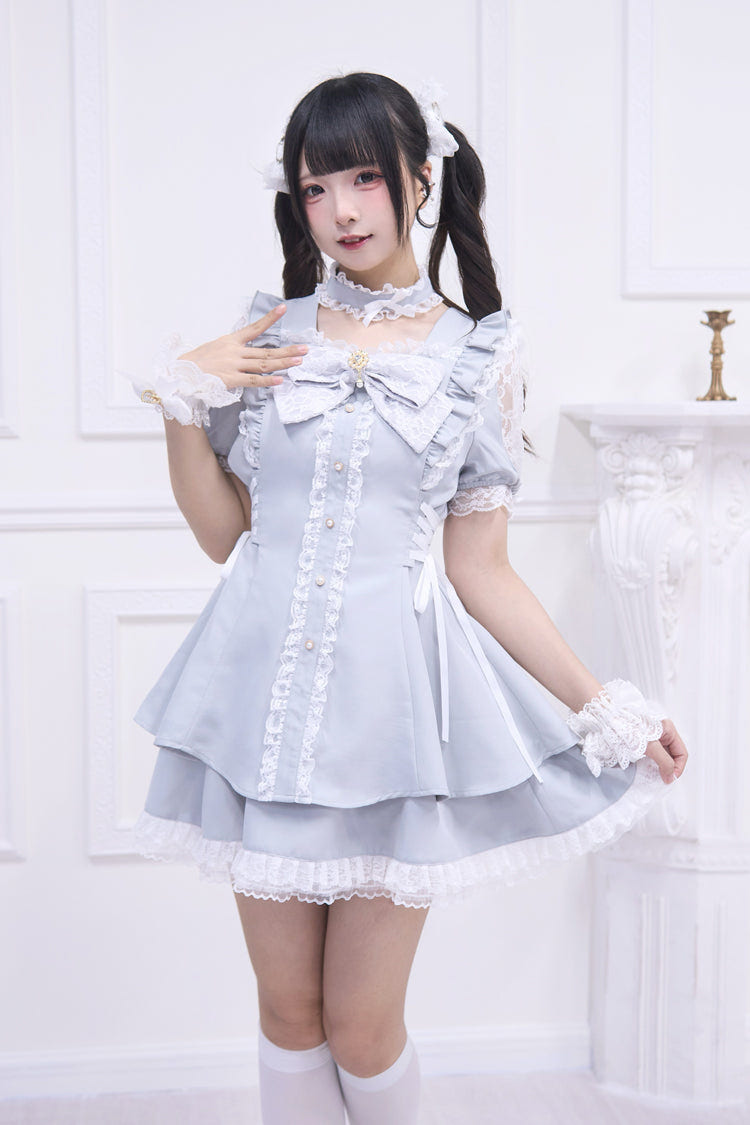 Light Blue [Waltz] Short Sleeves Ruffle Bowknot Gothic Jirai Kei Japanese Dress Set - Light Blue - 1