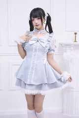 Light Blue [Waltz] Short Sleeves Ruffle Bowknot Gothic Jirai Kei Japanese Dress Set - Light Blue - 1
