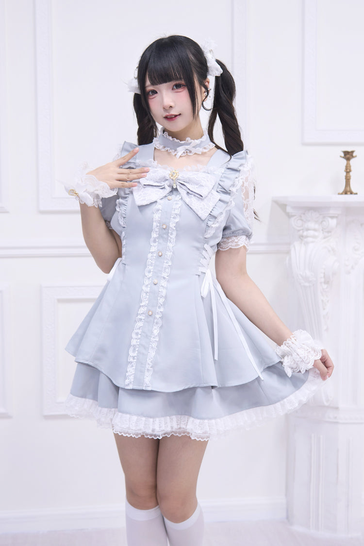Light Blue [Waltz] Short Sleeves Ruffle Bowknot Gothic Jirai Kei Japanese Dress Set - Light Blue - 1