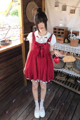 Red [Little Mushroom] Sleeveless Polka Dot Printed Ruffled Bow Sweet Lolita Jsk Dress - Product - 9