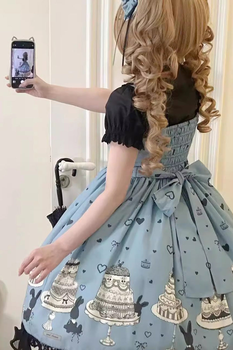 Blue Cake Bunny Print Bowknot Stitching Lace Sweet Lolita Jsk Dress - Product - 6