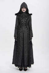 Black Stand Collar Long Sleeves Ruffle Hooded Women's Gothic Long Coat - Product - 2