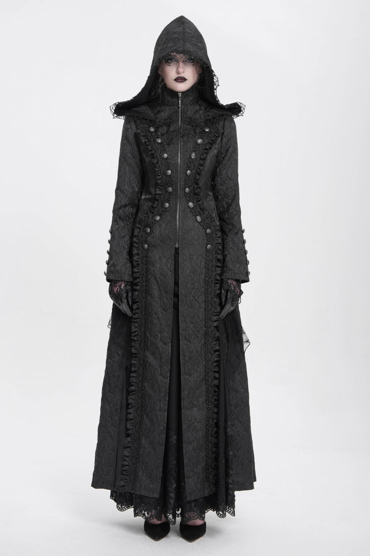 Black Stand Collar Long Sleeves Ruffle Hooded Women's Gothic Long Coat - Product - 2