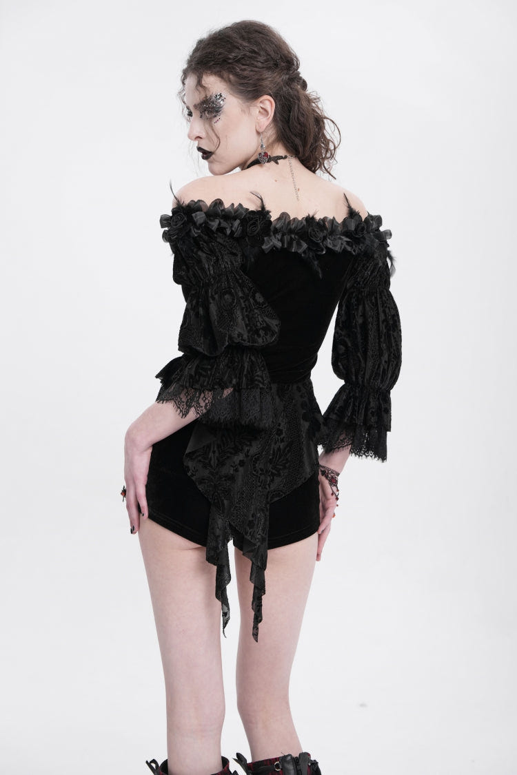 Black Off Shoulder Long Sleeves Ruffle Embroidery Lace-Up Women's Gothic Blouse - Product - 5