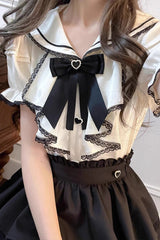 Black/White Sailor Collar Multi-Layered Ruffle Bowknot Jirai Kei Skirt Set - Product - 8