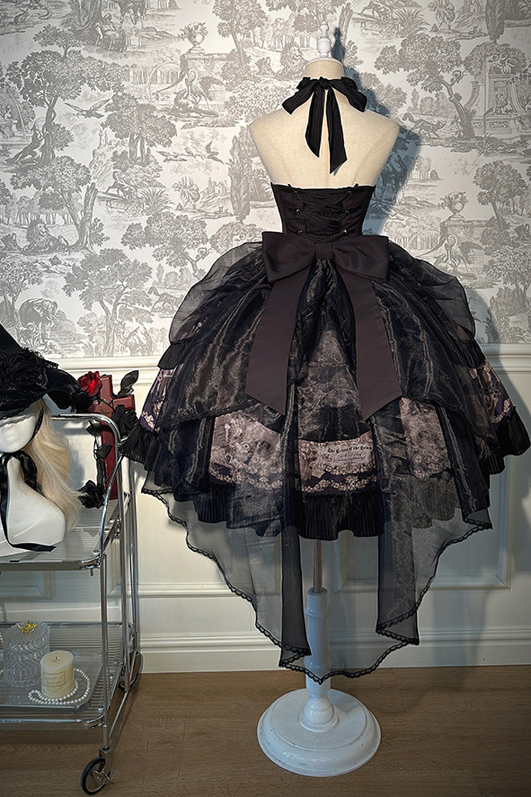 Black [The Mystery of The Doll] Halterneck Print Ruffle Bowknot Drawstring Gothic Lolita Dress - Product - 13