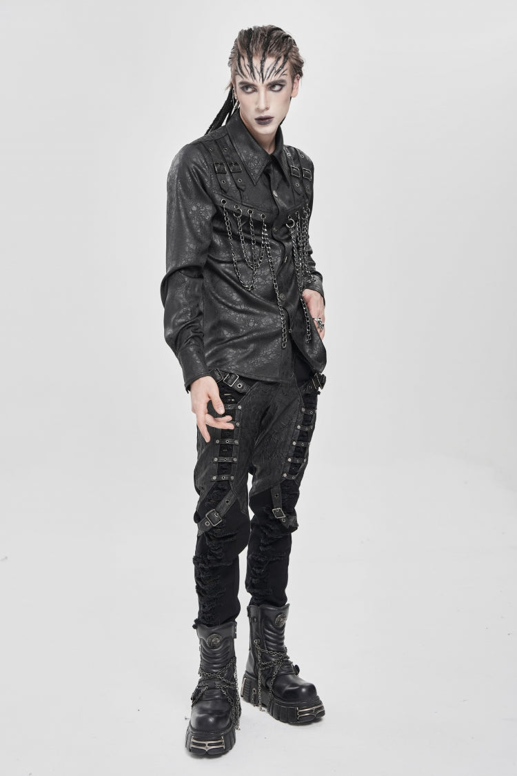 Black Lapel Collar Long Sleeves Buckled Strappy Chain-Decorated Men's Punk Shirt - Product - 12