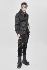 Black Lapel Collar Long Sleeves Buckled Strappy Chain-Decorated Men's Punk Shirt - Product - 12