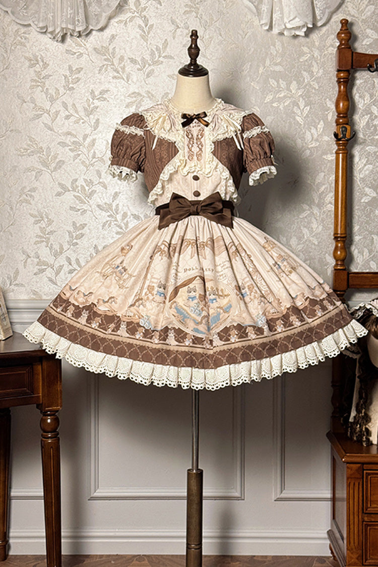Sea Salt Fairy Tale Doll Short Sleeves Print Ruffle Bowknot Sweet Lolita Dress 2 Colors - Brown - 1