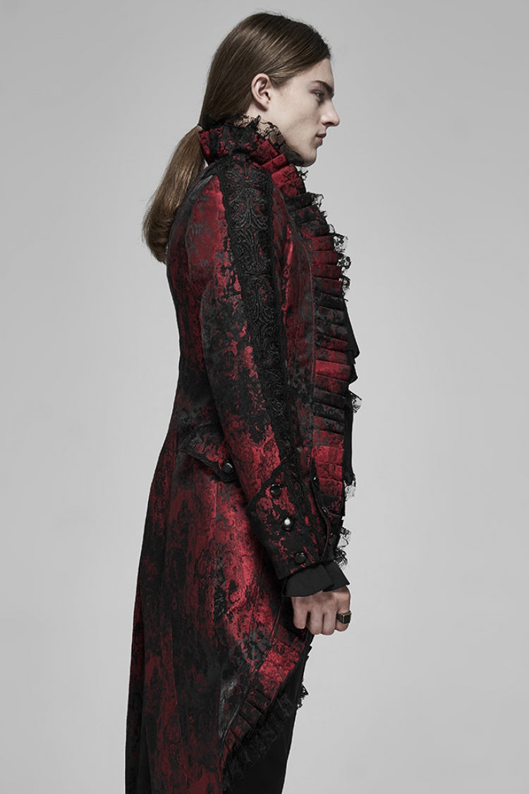 Black/Red Long Sleeves Lace Gorgeous Men's Gothic Vintage Tuxedo Coat - Product - 2