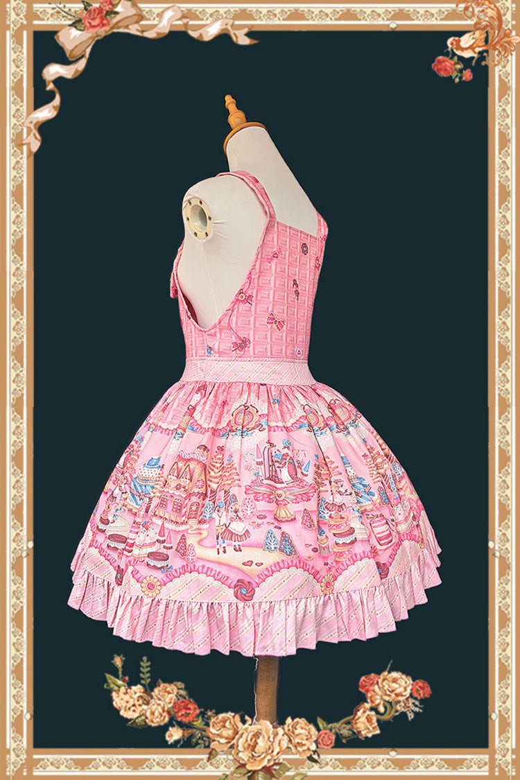 Pink [Candy House] Square Collar Sleeveless Printed Ruffled Bow Sweet Lolita Strap Dress - Product - 4