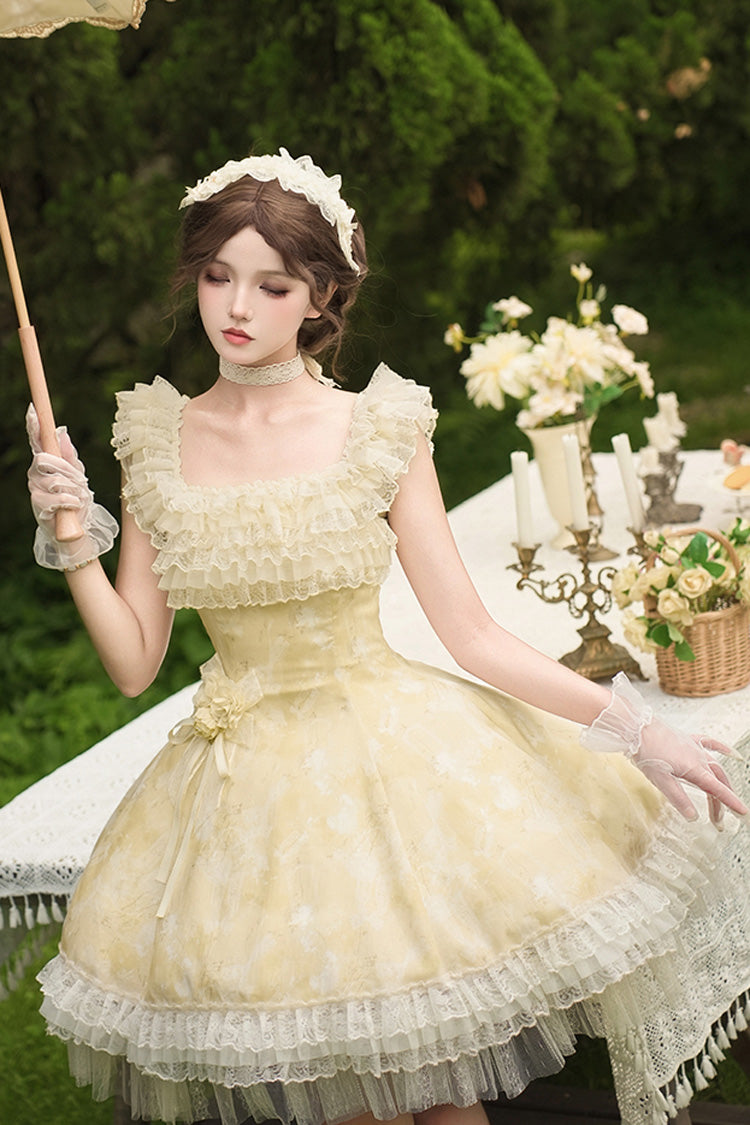 Yellow [Falling Flowers as a Message] Square Collar Flying Sleeves Print Ruffle Lace Sweet Elegant Lolita Short Dress - Product - 2
