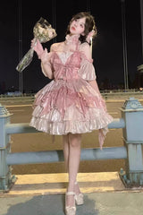 Pink Multi-layer Print Hanayome Bowknot Sweet Elegant Princess Lolita Jsk Dress - Pink - 1