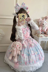 Pink/Blue [Candy Mary Cat] Printed Ruffled Embroidered Bow Lace Sweet Lolita Jsk Dress - Product - 2