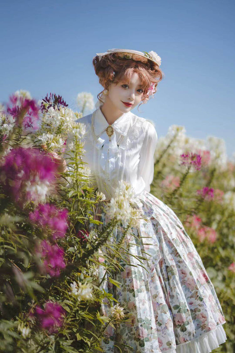 White [Afternoon Tea] Floral Printed Ruffled Sweet Lolita Skirt - Product - 8