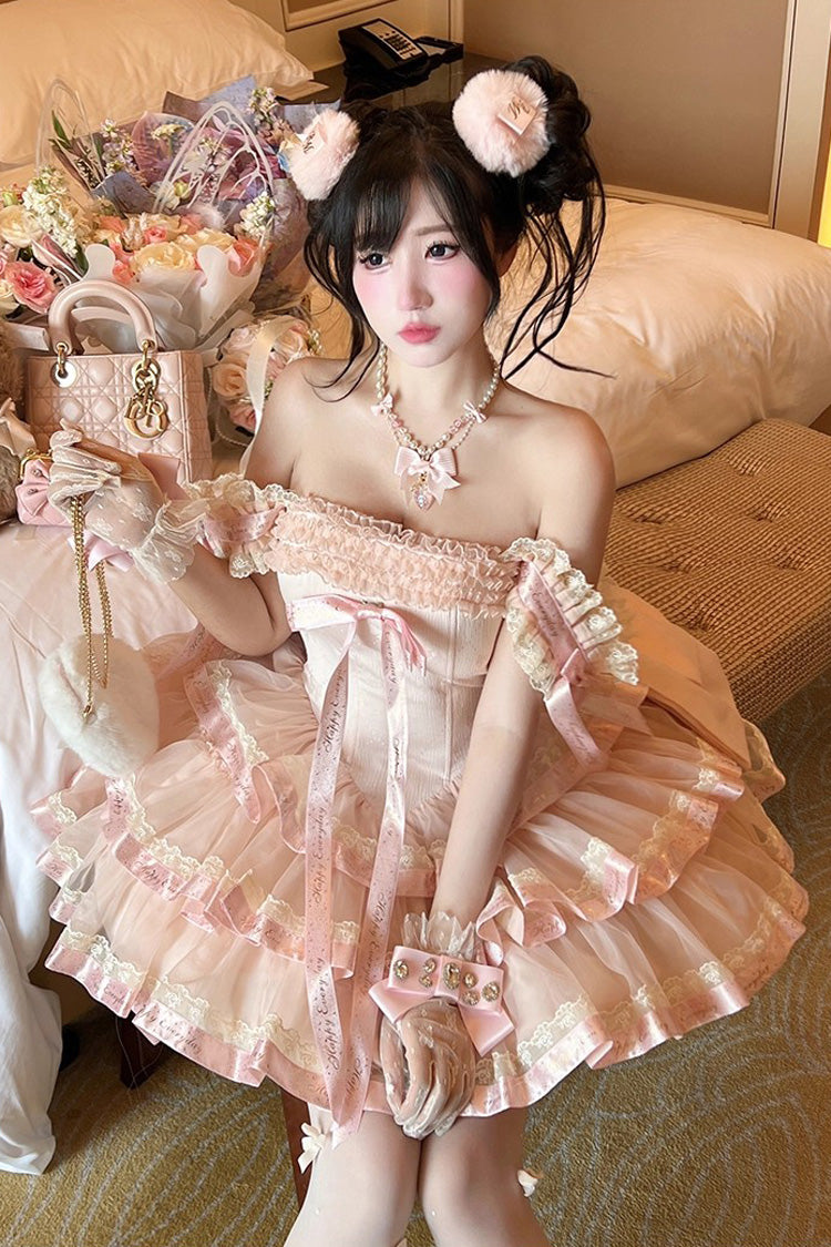 Pink [Princess Ribbon] Off Shoulder Triple-Layered Ruffle Bowknot Sweet Lolita Dress - Product - 13