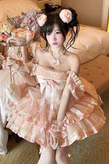 Pink [Princess Ribbon] Off Shoulder Triple-Layered Ruffle Bowknot Sweet Lolita Dress - Product - 13