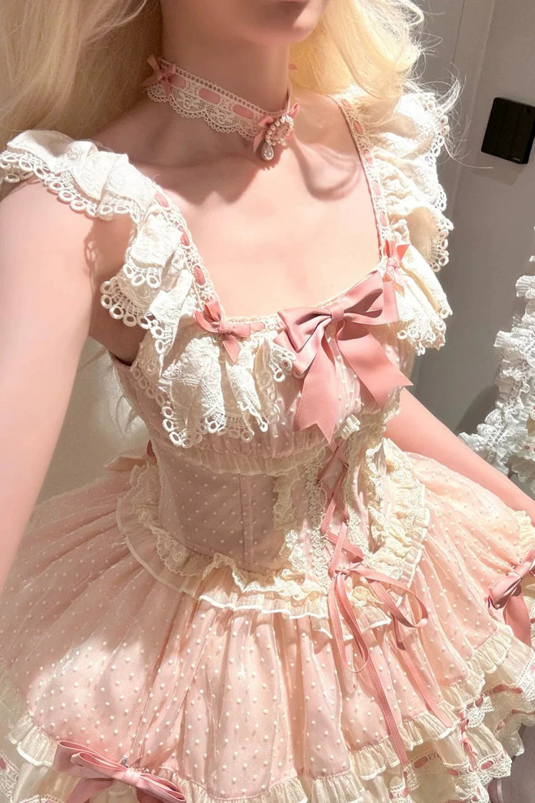 Pink Triple-Layered Bowknot Lace-Up Sweet Princess Ballet Lolita Jsk Dress - Product - 9
