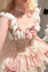 Pink Triple-Layered Bowknot Lace-Up Sweet Princess Ballet Lolita Jsk Dress - Product - 9