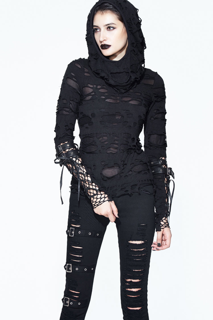 Black Hooded Ripped Finger Covered Splice Mesh Leather Loop Lace Up Women's Punk Shirt - Black - 9