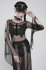 Black Round Collar Long Sleeves Cut-Out Sheer Eyelet Women's Punk Bat Cross Mesh T-Shirt - Product - 10
