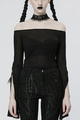 Black Off Shoulder Long Sleeves Metal Chain Women's Gothic T-Shirt - Black - 1