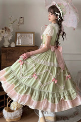 Green [Tulip Blossom Field] Multi-Layered Pastoral Style Ruffled Open-Front Bow Sweet Lolita Jsk Dress - Product - 4