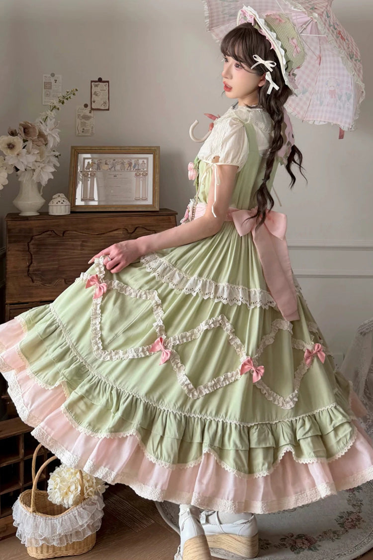 Green [Tulip Blossom Field] Multi-Layered Pastoral Style Ruffled Open-Front Bow Sweet Lolita Jsk Dress - Product - 4