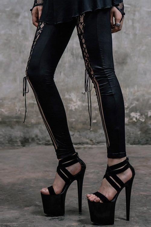 Black Front Splice Mesh Lace Up Gothic Knit Womens Pants - Product - 2