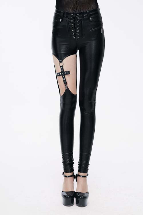 Black Hollow Out Cross Shaped Elastic Sexy Punk Tight Leather Womens Pants - Black - 1