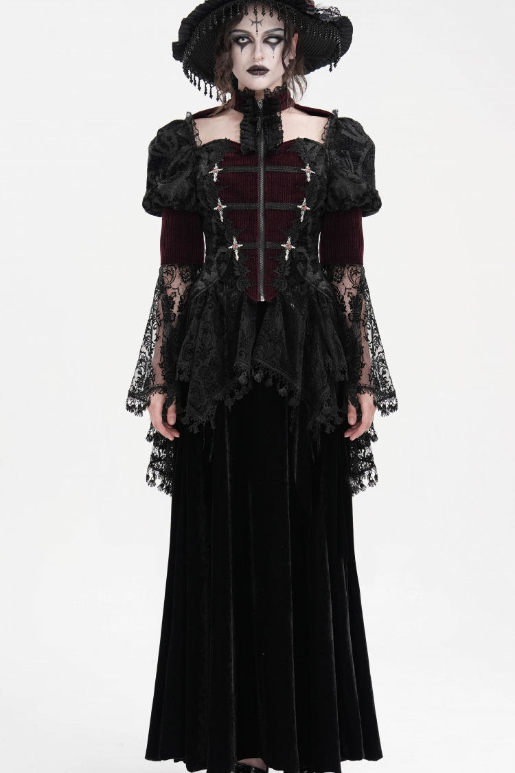 Wine Red Long Sleeves Hollow Lace Tassels Women's Gothic Jacket - Product - 3