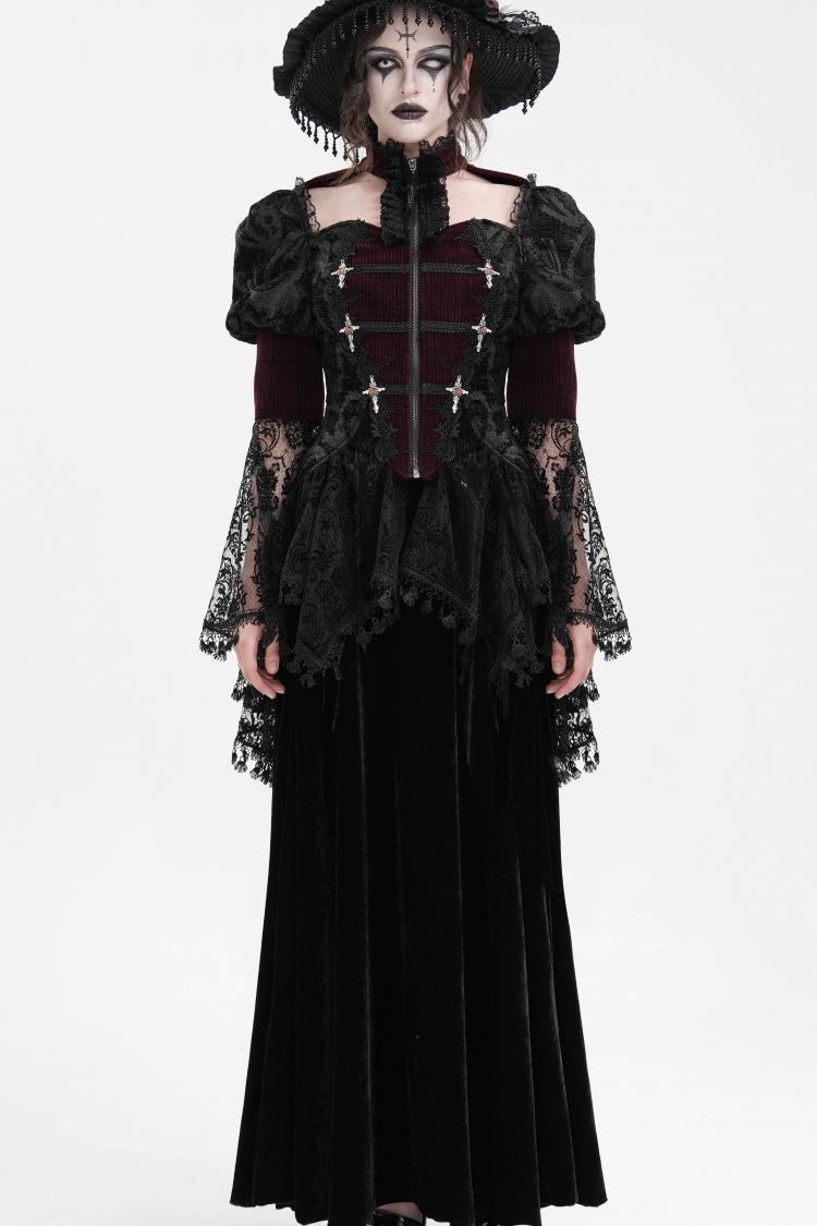Wine Red Long Sleeves Hollow Lace Tassels Women's Gothic Jacket - Product - 3