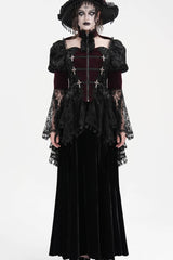 Wine Red Long Sleeves Hollow Lace Tassels Women's Gothic Jacket - Product - 3
