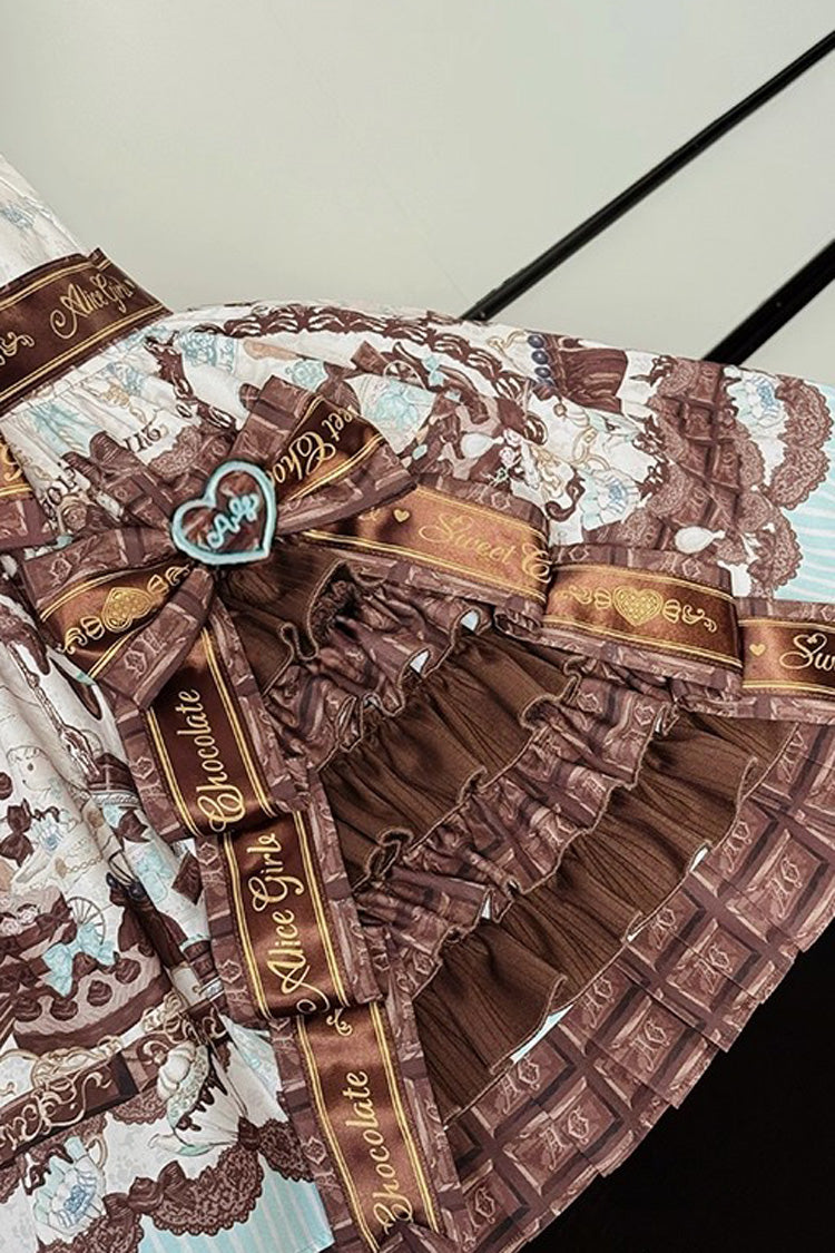 Brown [Teddy Bear Chocolate] Sleeveless Print Ruffle Side Cardigan Bowknot Asymmetric Sweet Lolita Strap Dress - Product - 14